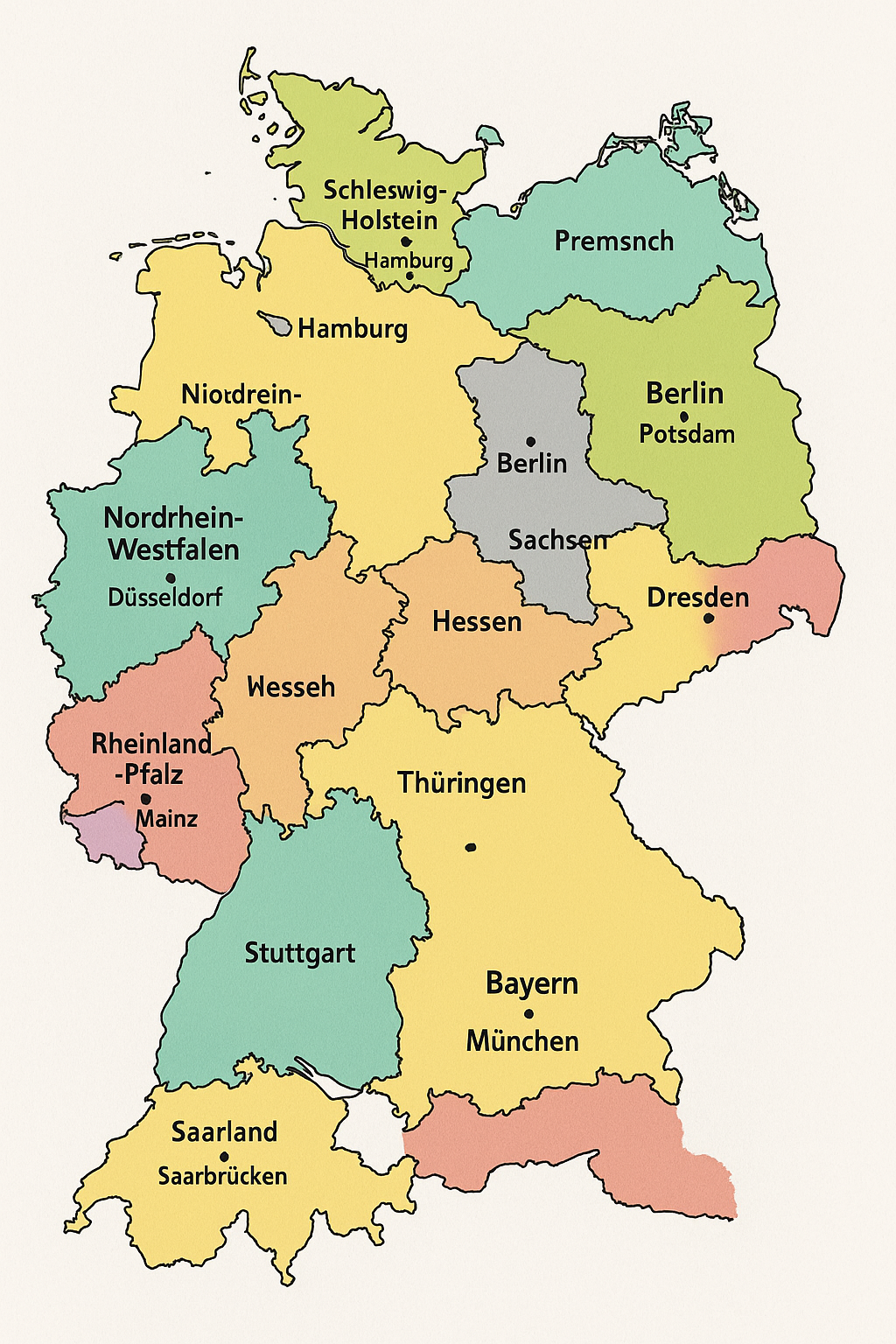 Eine von Chat-GPT erstellte völlig unbrauchbar Deutschlandkarte, bei der die Bundesländer und ihre Hauptstädte in wilder Form durcheinandergewürfelt sind. Das Saarland liegt unterhalb von Baden-Württemberg in etwa der Form der Schweiz. Baden-Württemberg heißt schlicht Stuttgart, Berlin gibt es zweimal, Bayern und Thüringen sind vereint, Mecklenburg-Vorpommern heißt Premsnch und noch einige kleinere Fehler.